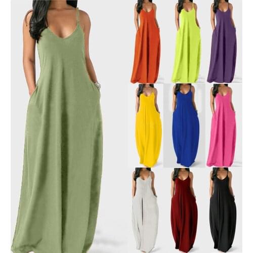 New Summer Fashion Women Loose Maxi Dress Sexy Plus Size Solid Sleeveless O-Neck Pockets Camisole Beach Long Dresses Vestidos q5
