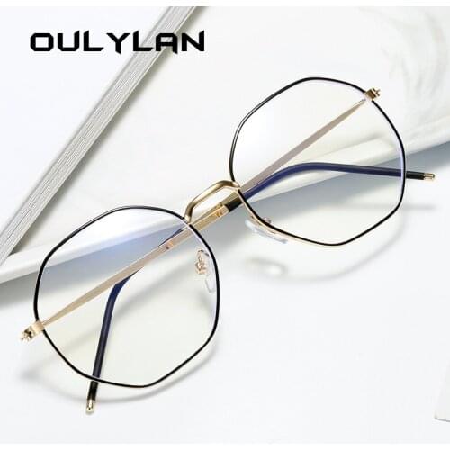 Oulylan Anti Blue Light Glasses Frame Women Polygon Metal Eyeglasses Frames Men Clear Lens Myopia Optical Computer Eye Glasses