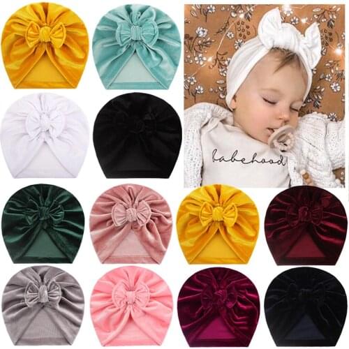 Newborn Baby Hat Lovely velvet Winter Solid Color Thick Boys Girl Cotton Soft Big Bow Turban Bonnet Cap Solids Baby Shower Props