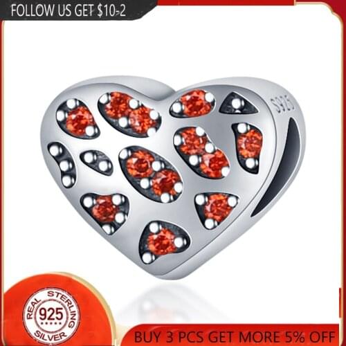 925 Sterling Silver Orange Red Zircon Heart Beads Charms Fit Original Pandora Bracelets Bangle Make DIY For Women Jewelry Gift