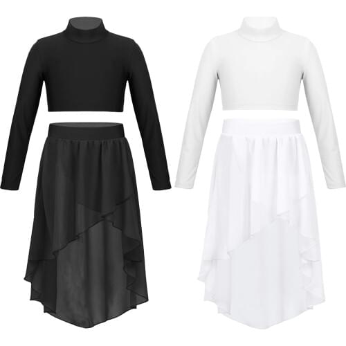 TiaoBug Kids Girls Dance Costumes Long Sleeve Crop Top with Irregular Chiffon Skirt Set for Contemporary Lyrical Dance Costumes