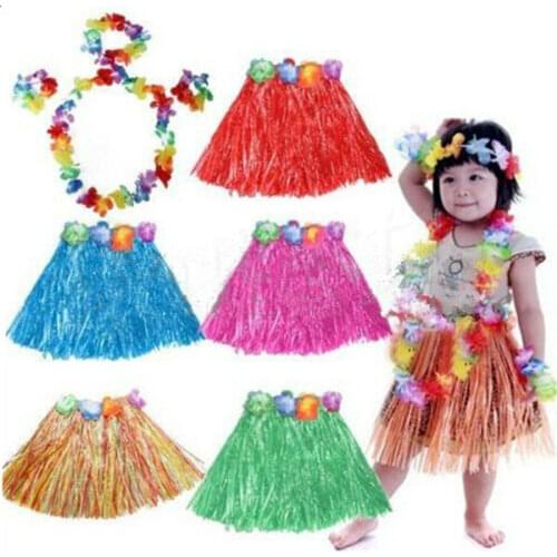 Cute Kids Hawaiian Grass Hula Lei Skirt Flower Wristband Garland Fancy Costume
