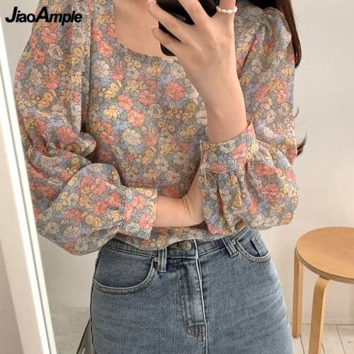 Korean Women Fashion Autumn New Chiffon Print Shirt 2021 New Vintage Square Collar Long Sleeve Casual Blouse Lady Loose Tops