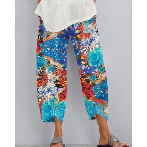 Womens Harem Pants 2021 Autumn Printed Trousers Casual Elastic Waist Long Pantalon Female Asymmetrical Turnip