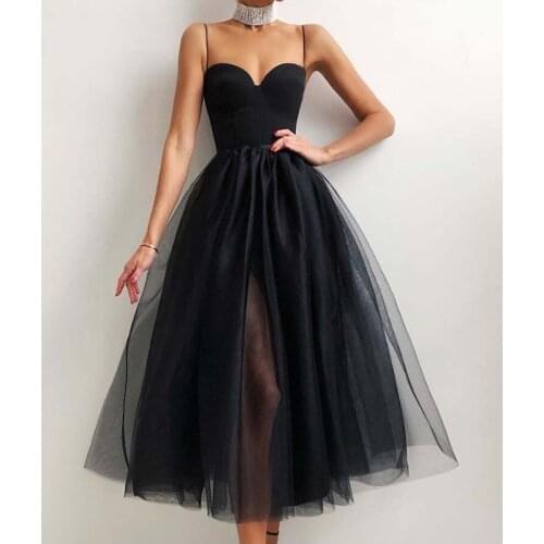 2021 Summer New Women Tulle Dress Spaghetti Strap High Waist Mesh Dress Elegant Slit Party Dress Vestidos Mujer Plus Size