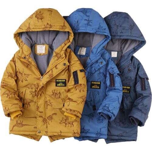 2021 Winter Boys Dinosaur Printed Cotton Spinning Plus Velvet Thick Cotton Jacket, Big Kids' Simple and Fashionable Hooded Jacke