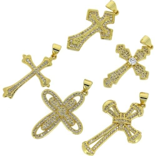 3pcs wholesale Religious Cross Pave Cubic Zirconia Crystal Gold Charms Pendant DIY Making Necklace Earring Jewelry Findings