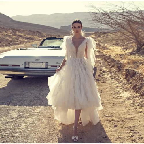 White Sexy Deep V-Neck Women Dress Tulle Layered Ruffles Ribbon Trim Gown Backless Hi-Lo Dress Custom Made