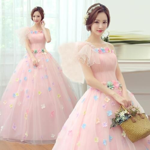 Free ship flower light pink uffled long medieval dress Renaissance Gown queen dress Victorian cosplay ball gown Belle