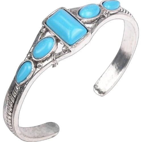 FYJS Unique Silver Plated Alloy with Geometric Green Turquoises Stone Open Bangle Bohemian Jewelry