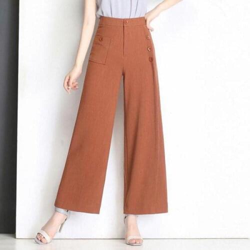 Summer Spring Womens Green Orange Wide Leg Buttons Wide Leg Linen Ankle Length Linen Trousers , Loose High Waist Pants For Women