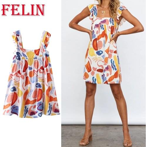 FELIN Za 2021 Women Sundress Sleeveless Square Collar Graffiti Printed High Street Chic Sexy Mini Party Dress Stylish Vestidos