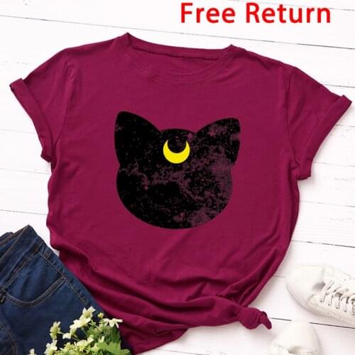 100%Cotton New Cat Moon Print T Shirt Women O Neck Short Sleeve Summer Graphic Tee Tops Casual Funny T Shirts Wholesale Dropship