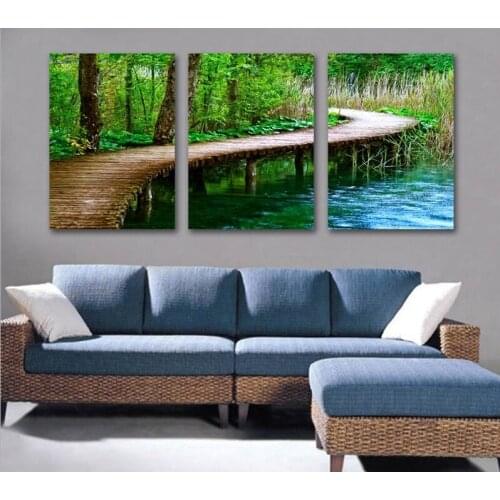 Curved Bridge Wood Cute Lake green jungle book DIY Art Oil Wall Picture 3 Panel Modern canvas prints painting Home Decoration