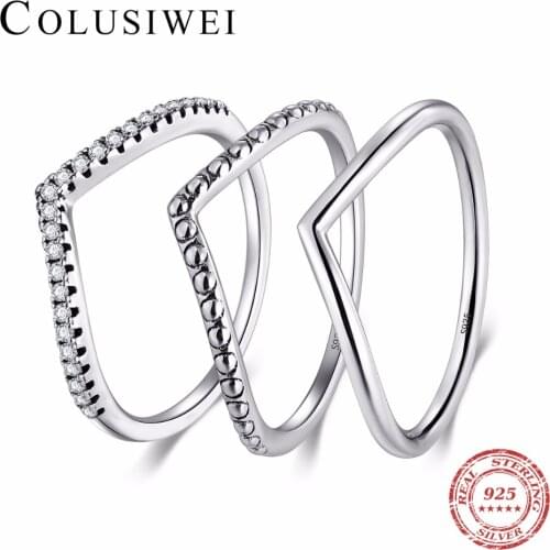 COLUSIWEI 3 Style Real 925 Sterling Silver Simple Fashion Geometric Ring Stackable Finger Clear Wedding jewelry For Women Rings