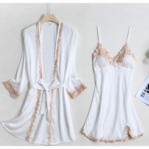 Sexy Women Robe Set Kimono Gown White Lace Trim Wedding Robe Set Nightgown Bride Bridesmaid Faux Silk Satin Bathrobe Home Dress