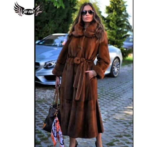 120 cm Long Luxury Women Mink Fur Coat Lapel Collar Natural Genuine Mink Fur Jacket With Belt Both side Wear Overcoat Fashion