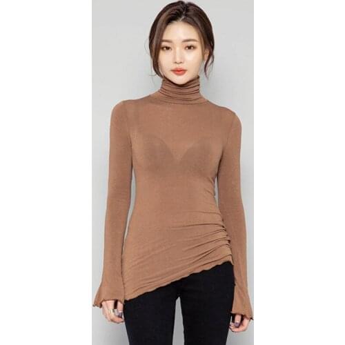 LIBERJOG Women Sexy T Shirts Slim Turtleneck Transcendent Transparent Long Sleeve Tees Tops Female Flare Sleeve Bottoming Shirt