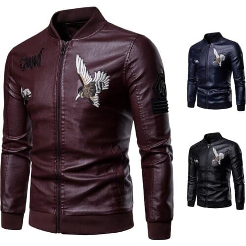Mens Brown Leather Jacket Embroidered Baseball Collar Casual Leather Clothing Male Personality Cloth Decorative Leather Clothing