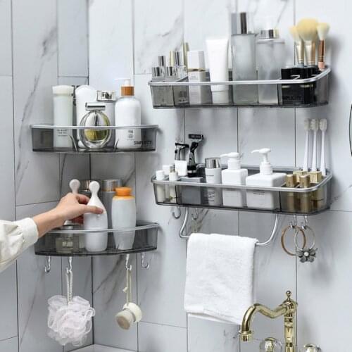 Wall-Mounted Triangle Storage Rack Bathroom Shelf With Towel Bar Hooks Organizer Wateroroof Punch-free Bathroom Sundries Racks