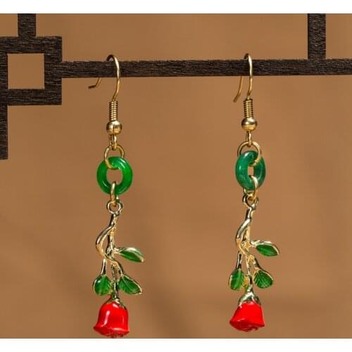 Rose Earrings Manufacturers Direct Selling National Style Creative Earrings Wholesale Cloisonne Oil Dripping Jewelry No.1270