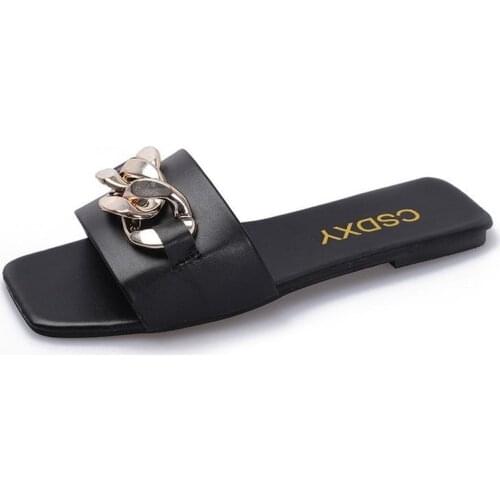 2021 Sweet Women Summer Slipper Square Toe Chain Slippers Slip on Flat Slide Sandals Beach Flip Flops Casual Woman Plus Size