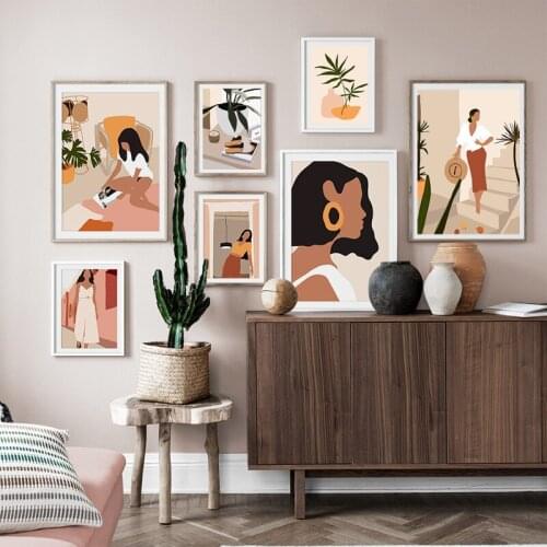 Nordic poster abstract fashion retro girl minimalist wall art oil painting and printing living room decoration wall map