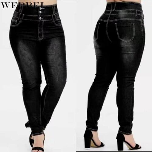 WEPBEL Fat Girl Pencil Jeans Women Button High Waist Slim Fit Denim Pants Casual Fashion Long Trousers
