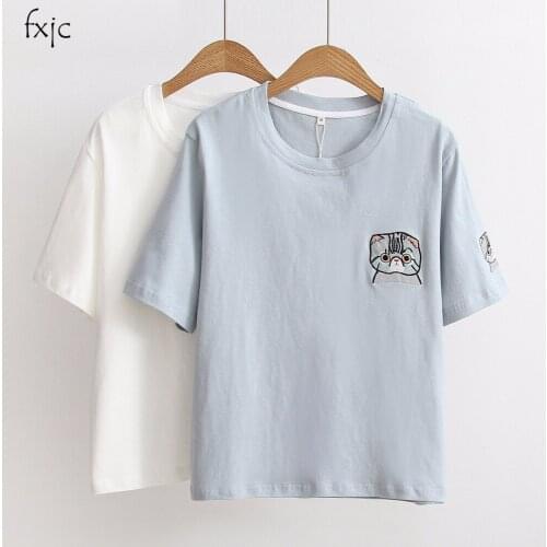Embroidery cat short-sleeved T-shirt female 2018 summer new small wild wild loose round neck shirt ZR240