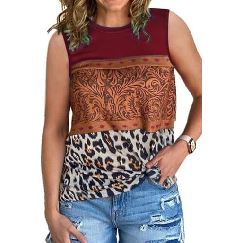 Women Leopard Sleeveless Ethnic Style Print O Neck Summer Vest Blouse Pullover for Daily Life