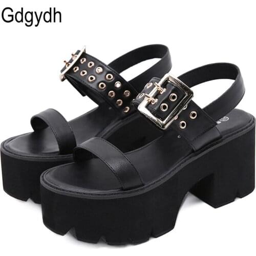 Gdgydh Brand Sale Gladiator Sandals Chunky High Heels Black Gothic Style 90sfashion Summer Shoes Women Platform Shoes Rivet