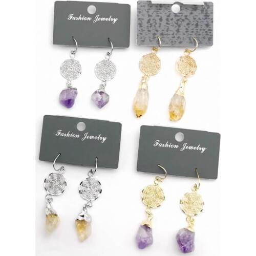 Natural Stone Earrings for Wife Unique Citrines Purple Crystal Quartz Silve Gold Color Drop Earring Anniversary Gift