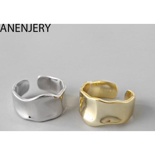 ANENJERY 925 Sterling Silver Irregular Smooth Wide Opening Ring Geometric Concave Convex Wave Ring For Women S-R578