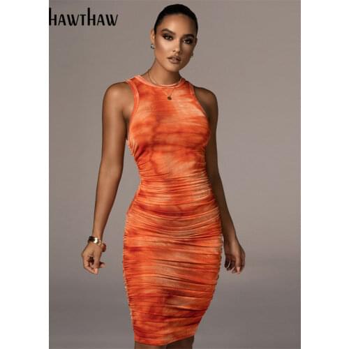 Hawthaw Women Autumn Summer Sleeveless Printed Bodycon Slim Package Hip Dress 2021 Female Clothing Streetwear Wholesale Items