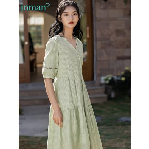 INMAN Cute Pastoral Style Dress Women Lady Plaid Tie Up Wasit Lace Border V Collar Short Lantern Cut Out Sleeve Artsy Dress
