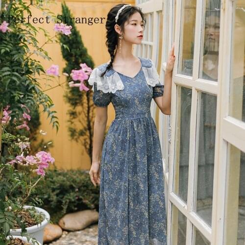 2020 Summer New Arrival High Quality Elegant V Collar Puff Sleeve Flower Printed Women Chiffon Long Dress