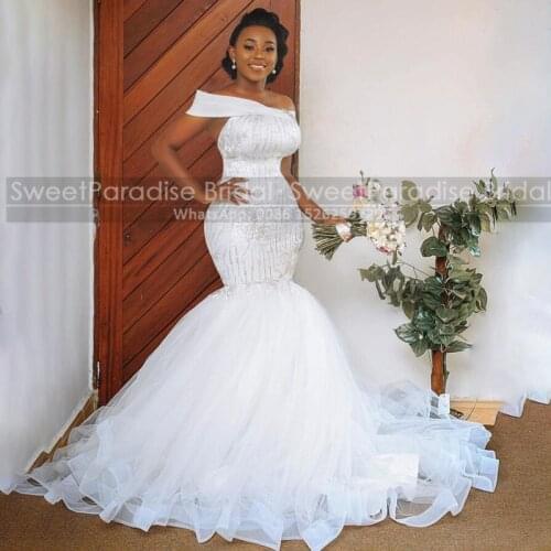 2021 White Tulle Puffy Mermaid Wedding Dress With Sequins Appliques Off Shoulder Long Train African Women Dresses Bridal Gown