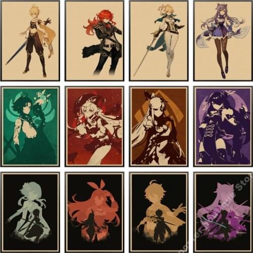 Genshin Impact Anime Posters Kraft Paper Prints Home Room Decor Study Bedroom Bar Cafe Wall Paintings Cartoon Wall Stickers
