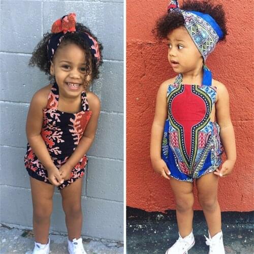 Baby Lovely African Traditional Clothes Bazin Riche Printed Rompers Headband Dashiki Summer Fashion Girls Boho Backless Jumpsuit
