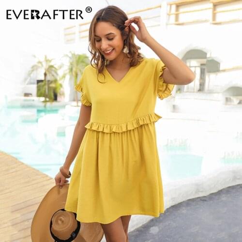 EVERAFTER Sexy v-neck summer dress women ruffled high waist loose mini dress short sleeve casual solid ladies dresses 2020 new