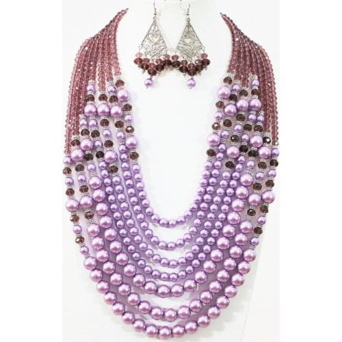 European design violet round shell simulated-pearl abacus crystal 7 rows beauty necklace earrings set romantic jewelry B1310