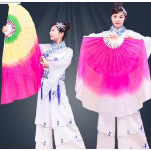 80cm(31.8") Imitation Silk Fan Veil Pair Yangko Dance Costume Accessory Bamboo Long Fan Gradient Color