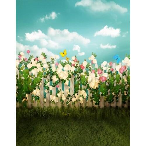 Lawn Flowers Butterfly Fence Photography Backdrops Photo Props Studio Background 5x7ft