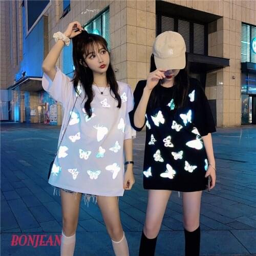 Harajuku Hip Hop INS reflective butterfly T-shirt 2020 summer loose women shirts white top korean clothes plus size