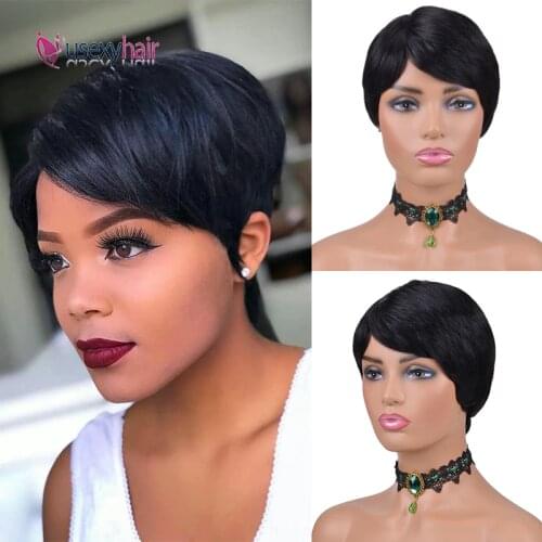 Short Human Hair Wigs Brazilian Natural Color Short Pixie Cut Wigs With Bangs 150% Density Full Machine Made Wig For Black Women