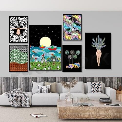 Colorful Red Flower Posters and Prints Abstract Leaves Wall Art Cartoon Girl Canvas Painting for Living Room Home Decor