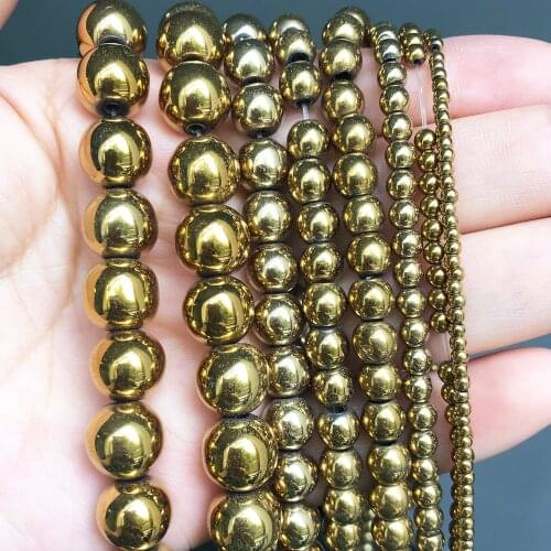 Gold Color Hematite Stone Natural Loose Round Beads For DIY Jewelry Making Bracelet Earring Accessories 15'' 2 3 4 6 8 10 12mm