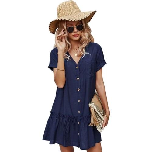 Summer Sweet Dress 2021 New V Neck Short Sleeve Mini Dress Casual Loose Patchwork Single Breasted Summer Holiday Beach Party