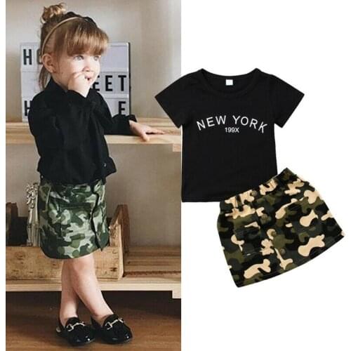 Summer 2 Pcs Toddler Kids Clothes Set Baby Girl Outfits Black Short Sleeve T Shirt and Camouflage Skirts Sets