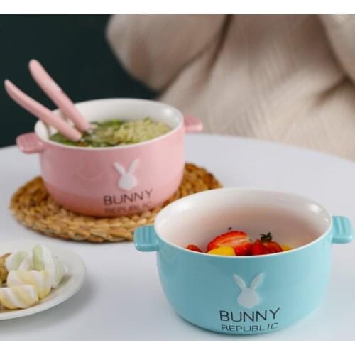 Ceramics Noodles Bowl Set Double-layer Ramen Anti-scalding Instant Noodle Bowl Cute Bunny with Lid Spoon Chopsticks Tableware